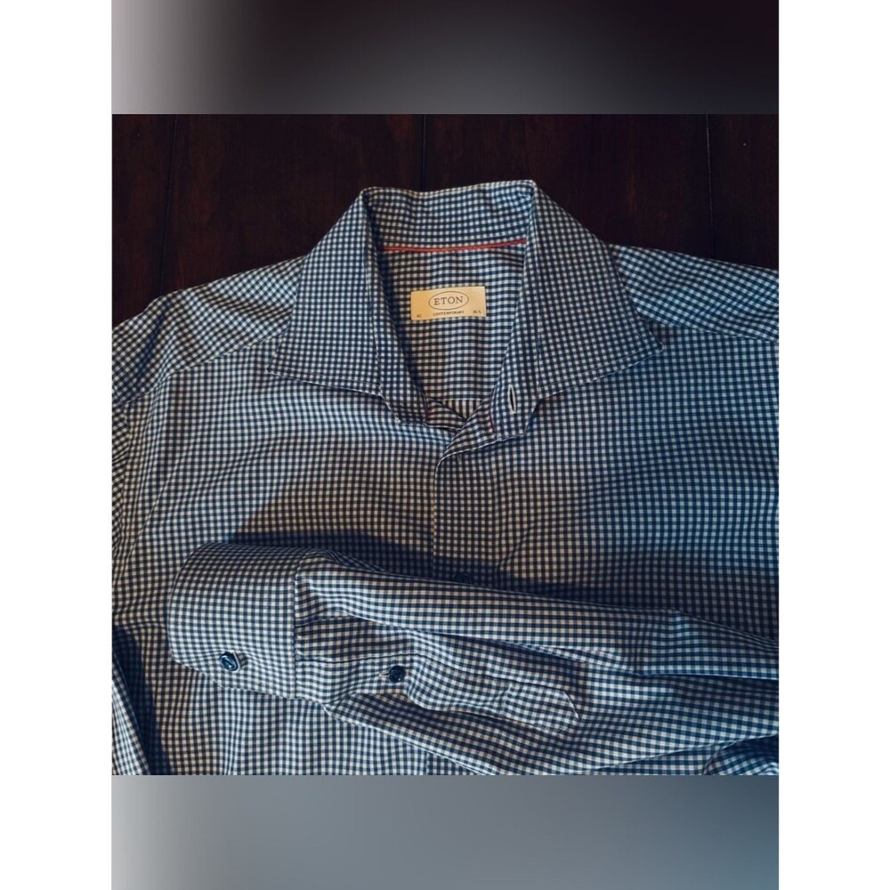 Eton Blue Gingham Dress Shirt Mens 42 16.5 Luxury Cotton Lyocell Business Casual